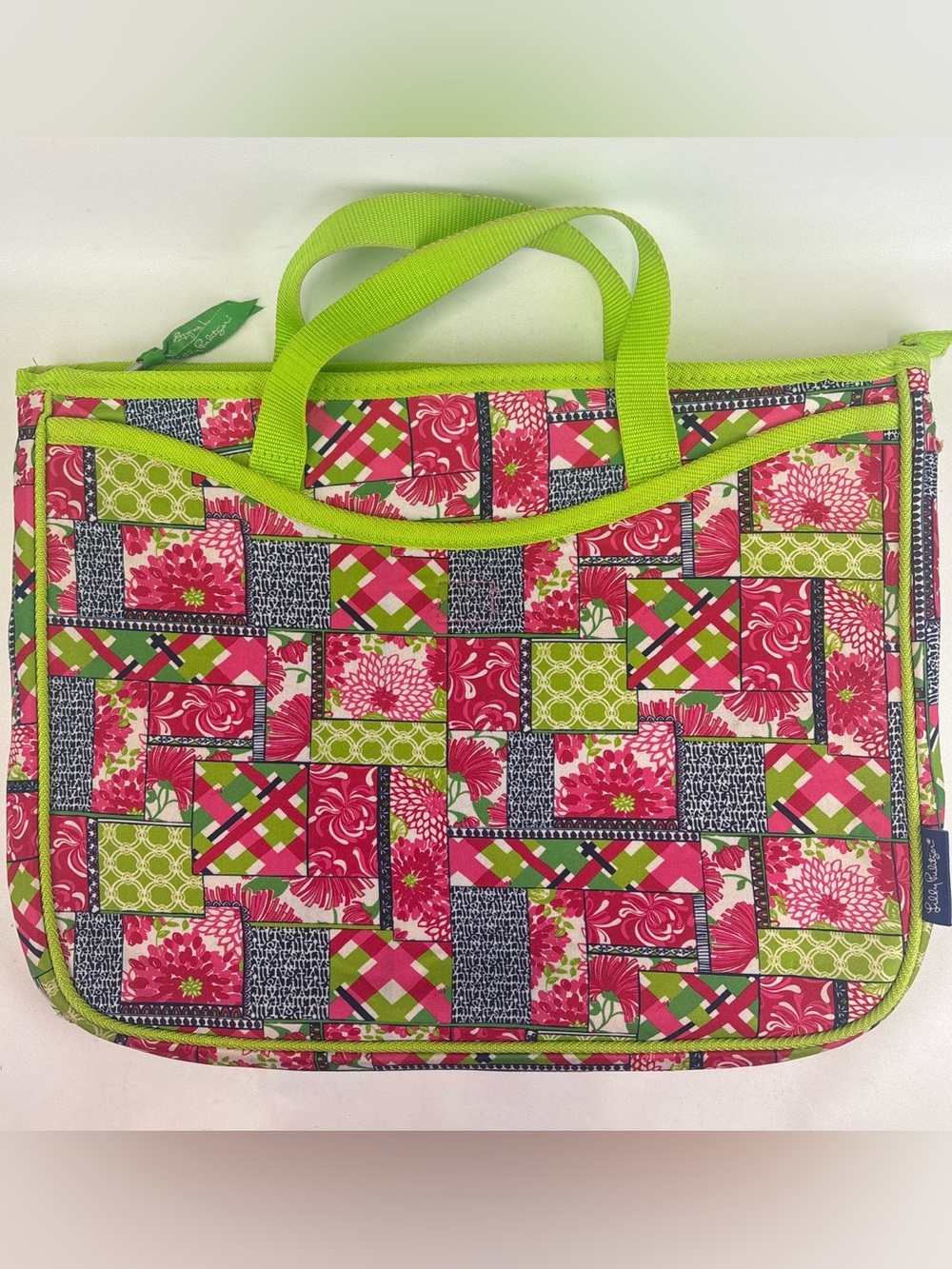 Lilly Pulitzer “Patch Day” patchwork pattern cushioned laptop tote with zipper